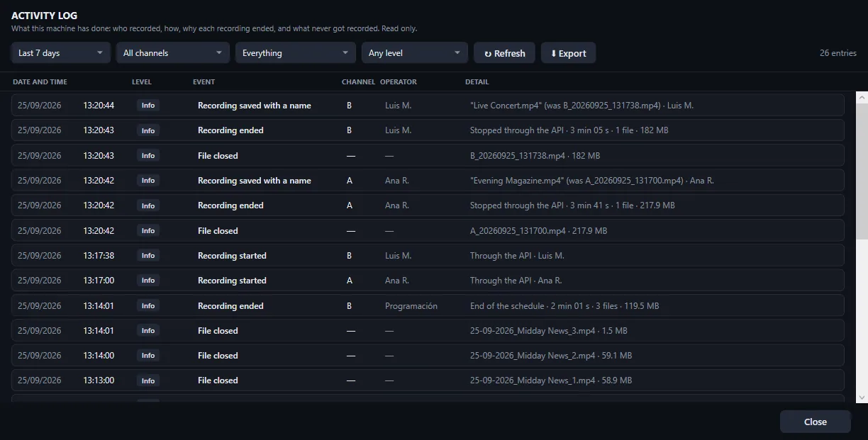 Activity log with recordings started, ended and saved with a name, and closed files
