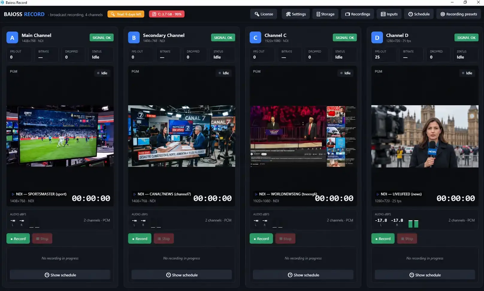 Baioss Record window with four NDI channels: live preview, signal status and audio meters for each channel