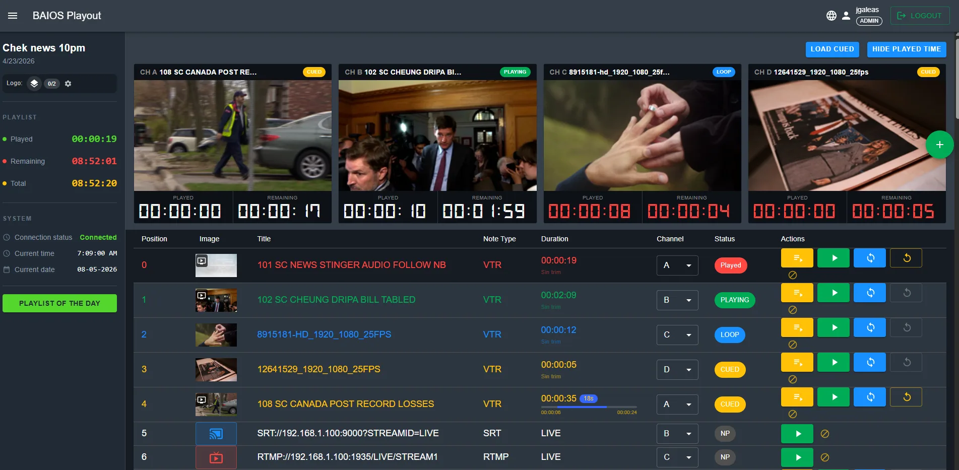 Baioss Playout multi-channel dashboard with live video preview and playlist controls