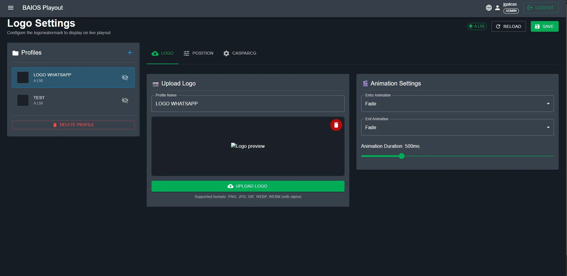 Logo settings panel showing upload, position, and CG integration options