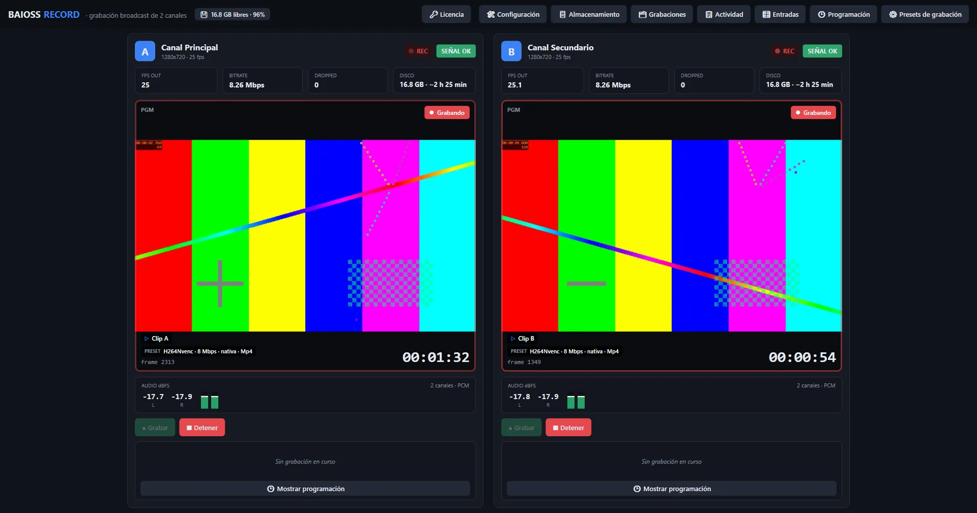 Ventana principal de Baioss Record con dos canales grabando: vista previa en vivo, indicador REC, preset vigente, bitrate, tiempo de disco restante y medidores de audio en dBFS