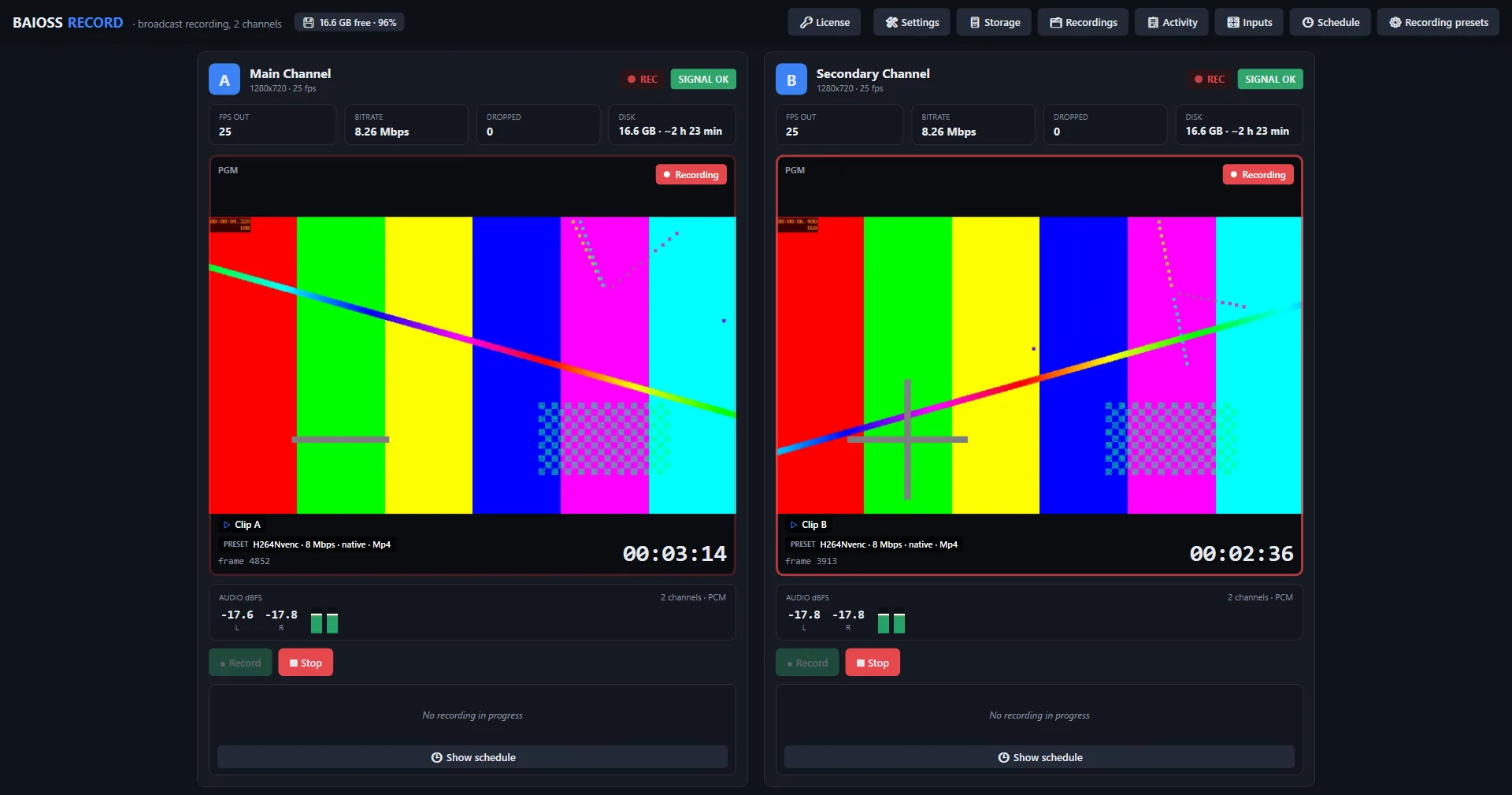 Baioss Record main window with two channels recording: live preview, REC indicator, current preset, bitrate, remaining disk time and dBFS audio meters