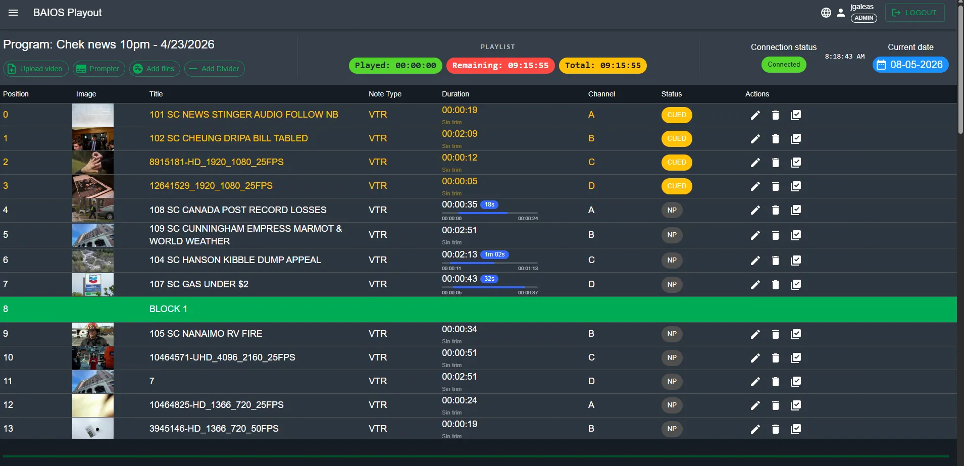 Playlist editor showing program schedule with status indicators