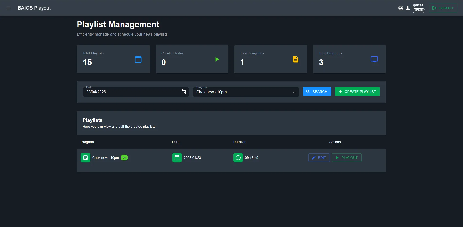 Playlist management dashboard showing program scheduling and statistics