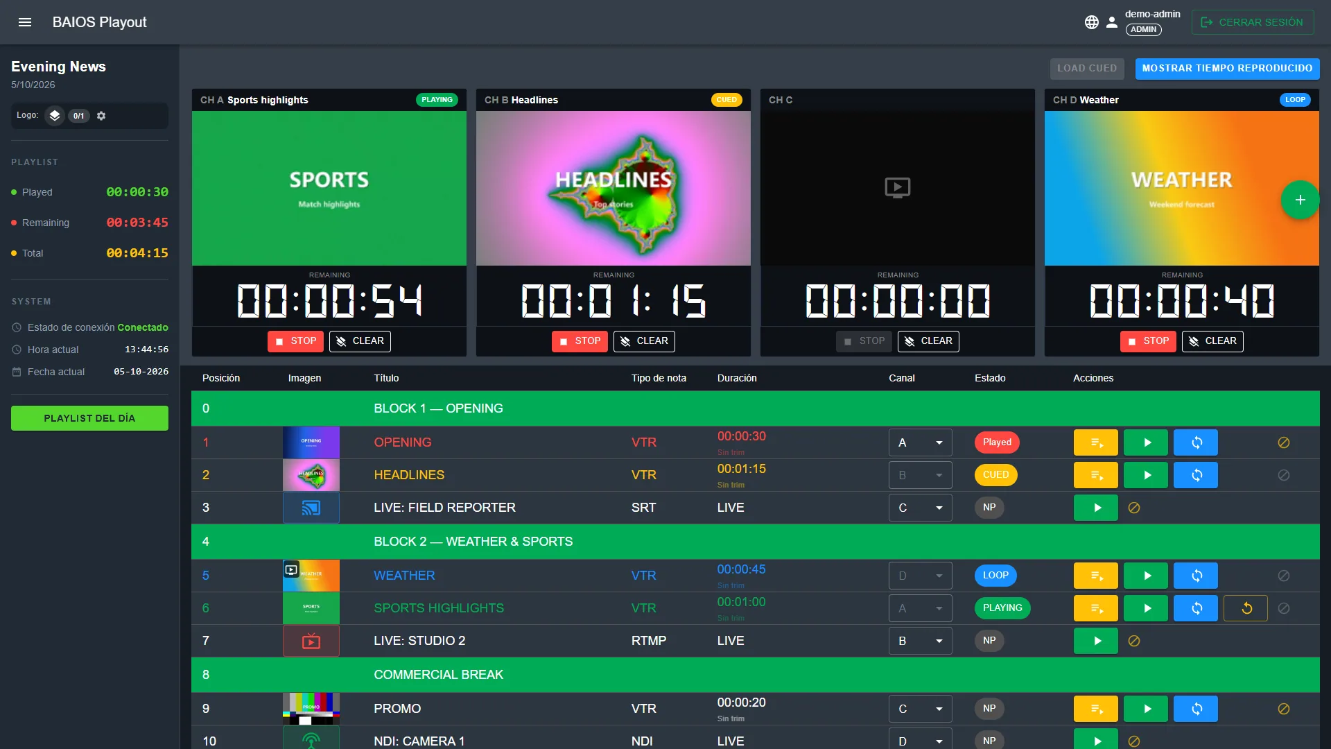 Vista de emisión de Baioss Playout con cuatro canales —uno al aire, otro en cue y otro en bucle— y el rundown con bloques, clips y fuentes SRT, RTMP y NDI