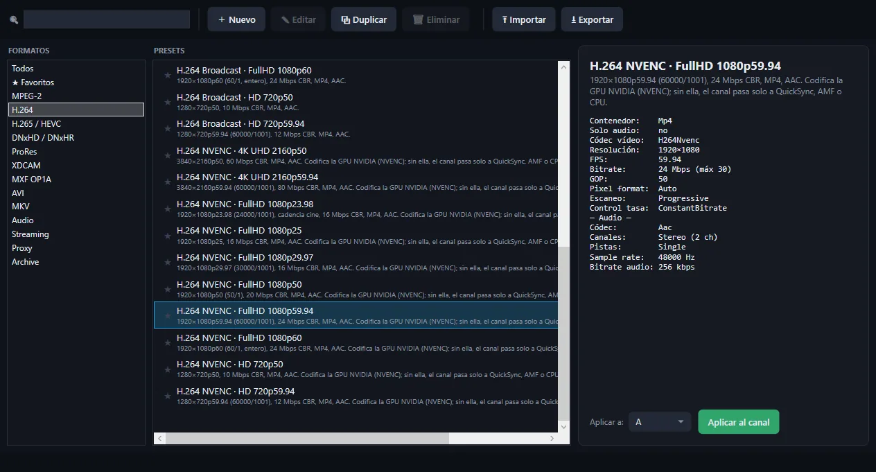 Gestor de presets de Baioss Record con la familia H.264 y el detalle del preset H.264 NVENC FullHD 1080p59.94 de 24 Mbps