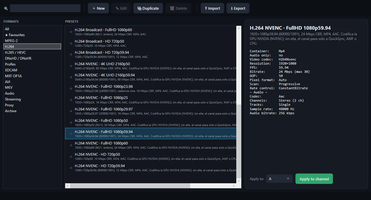 Baioss Record preset manager with the H.264 family and the details of the 24 Mbps H.264 NVENC FullHD 1080p59.94 preset