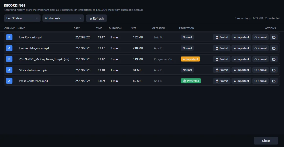 Recordings history with duration, size, operator and Protected and Important protection levels