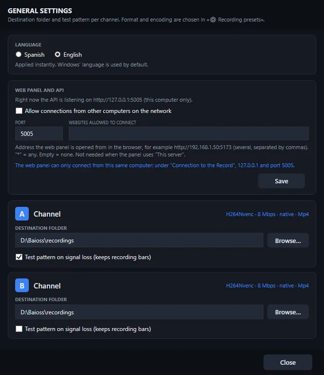 General settings with language, web panel and API access, and the destination folder and test pattern for channels A and B
