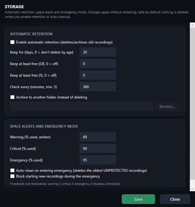 Storage settings with automatic retention and warning, critical and emergency thresholds