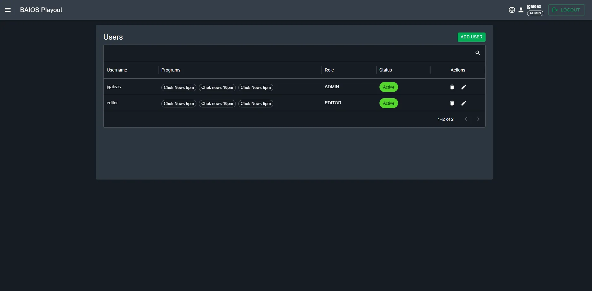 User management panel showing roles, status and assigned programs