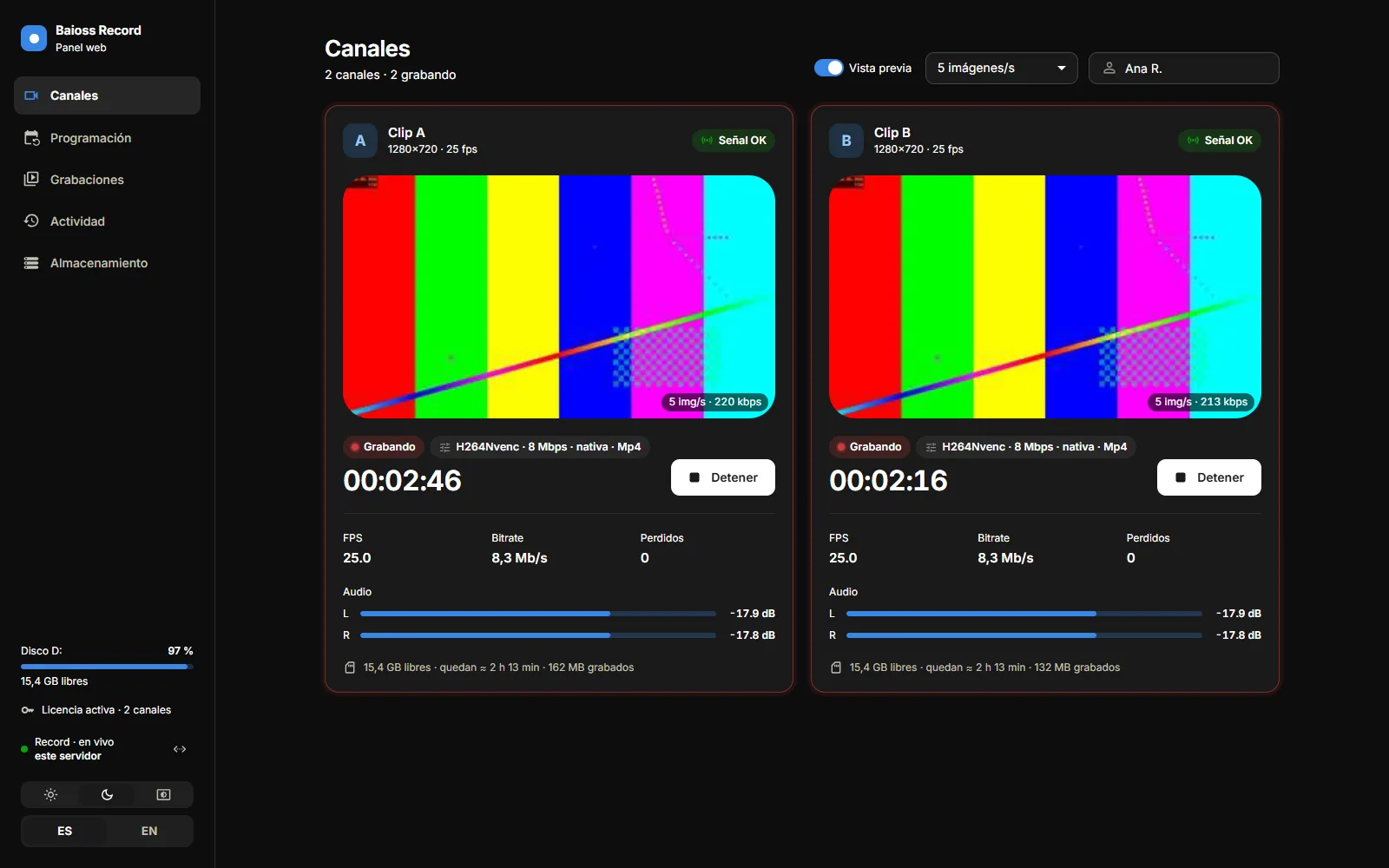 Panel web de Baioss Record con dos canales grabando: vista previa en vivo, preset vigente, cronómetro, bitrate y medidores de audio
