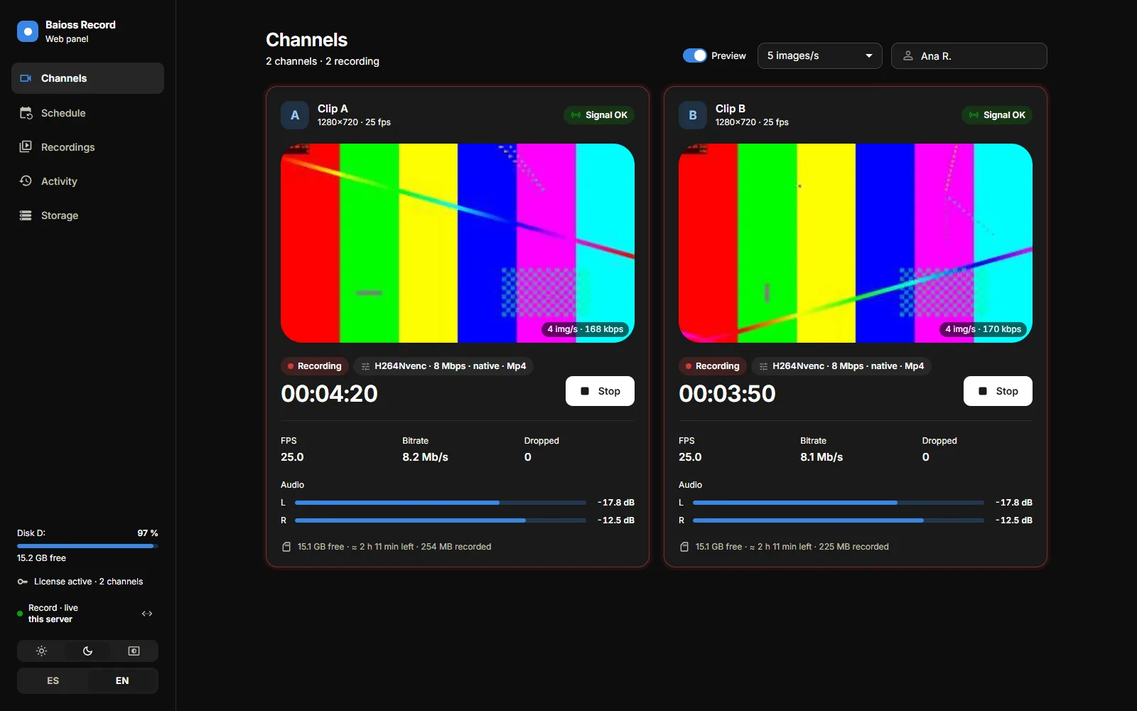 Baioss Record web panel with two channels recording: live preview, current preset, timer, bitrate and audio meters