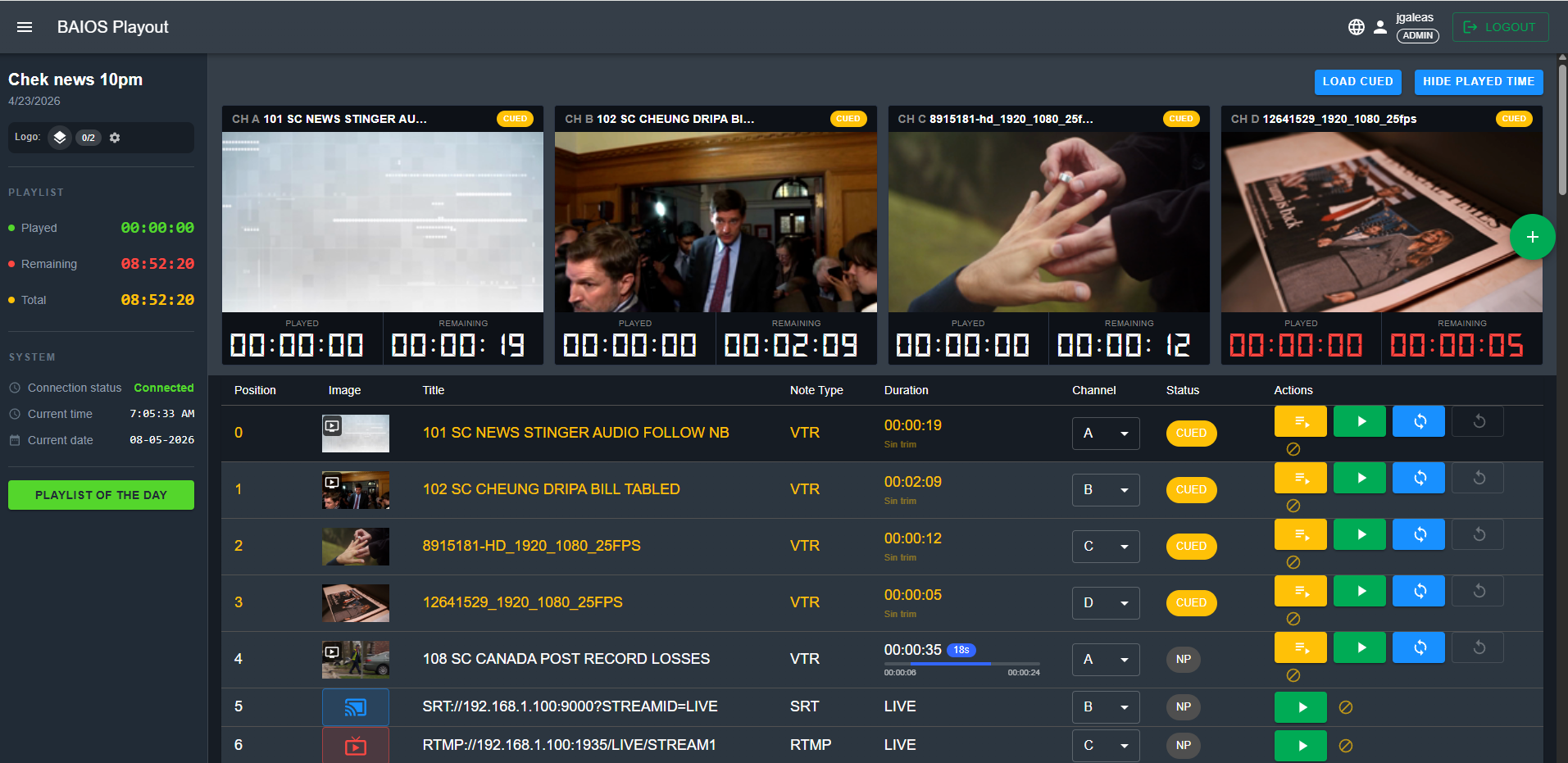 BAIOS Playout Dashboard showing 4-channel multi-view with playlist and live SRT/RTMP streams