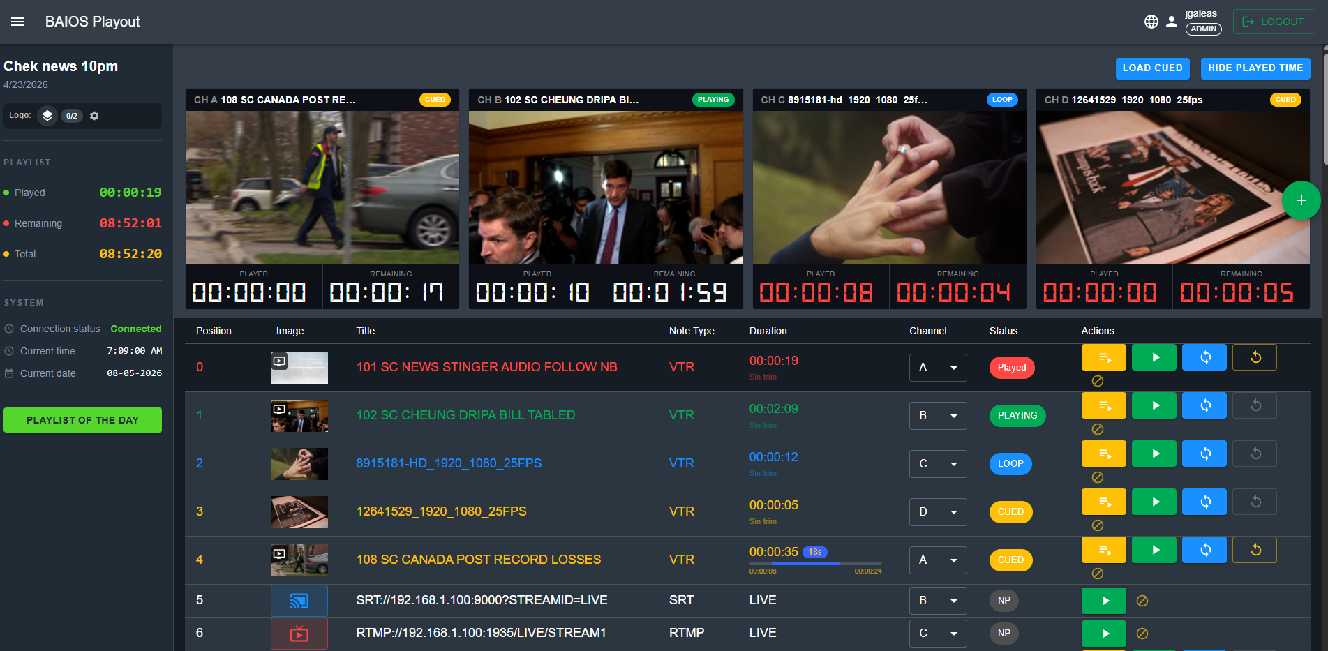 BAIOS Playout multi-channel dashboard with live video preview and playlist controls