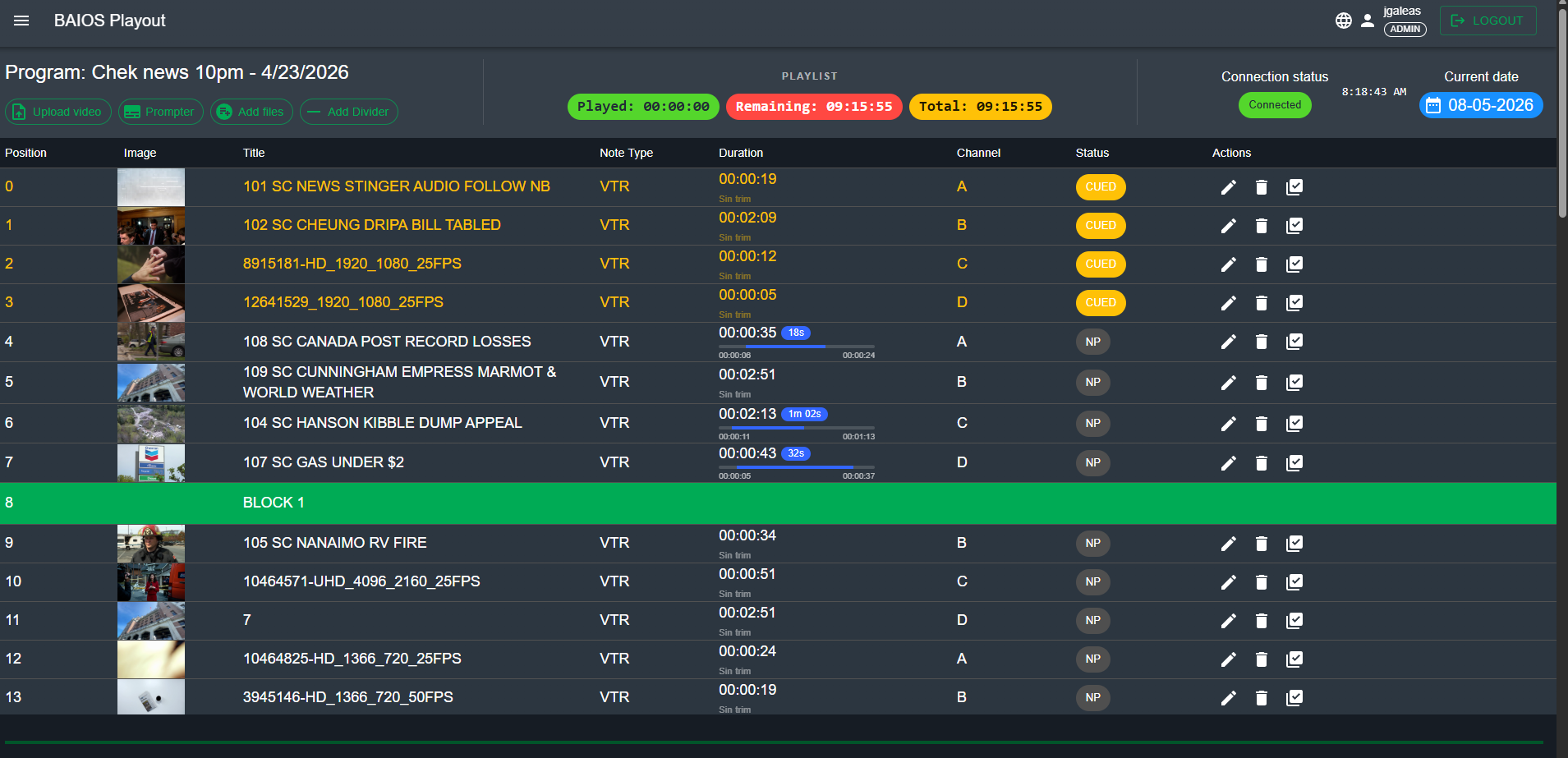 Playlist editor showing program schedule with status indicators