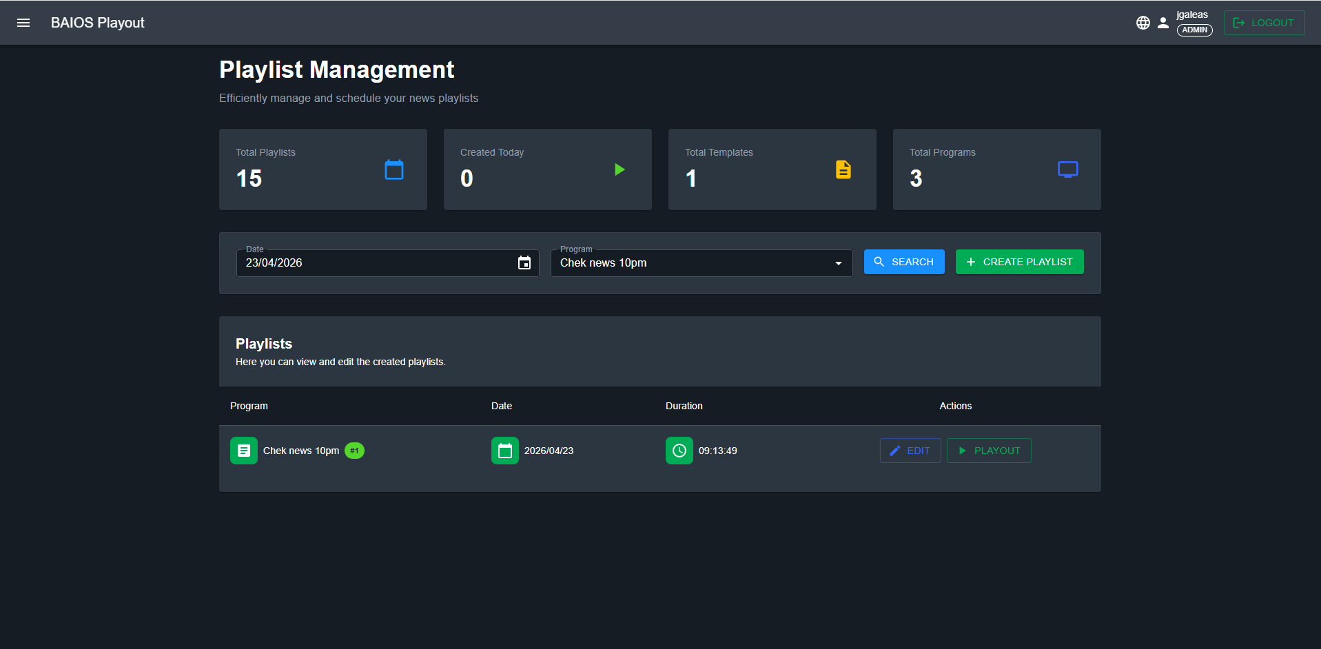 Playlist management dashboard showing program scheduling and statistics
