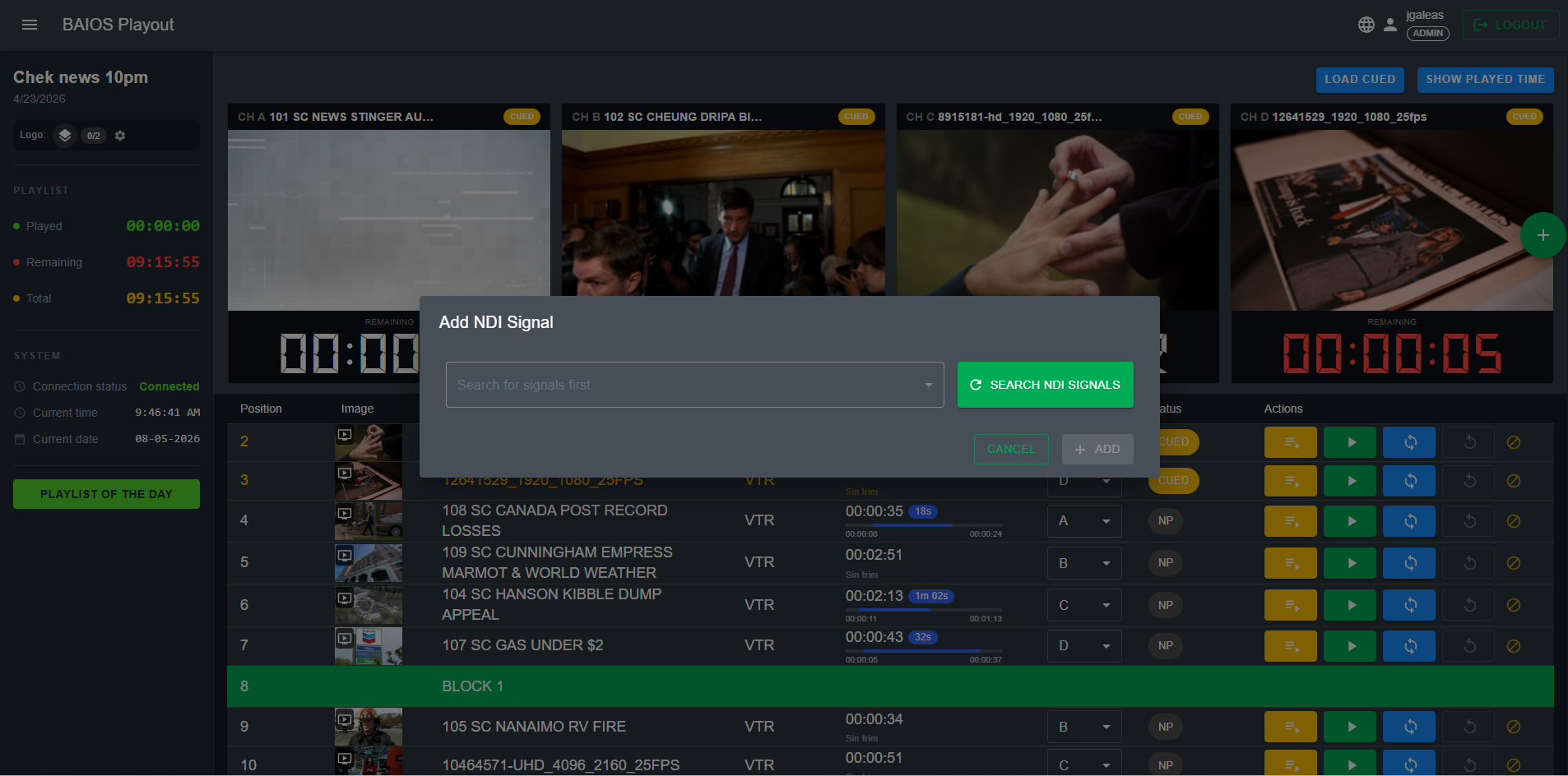 NDI signal search and add interface