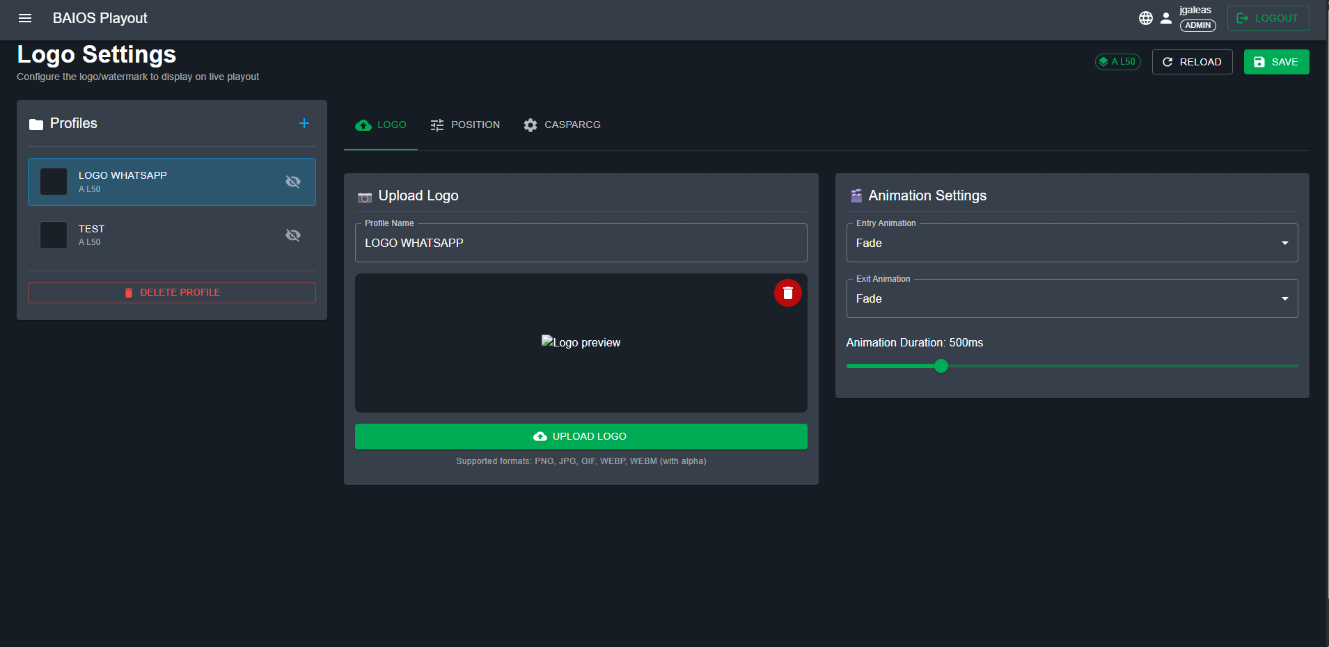 Logo settings panel showing upload, position, and CG integration options