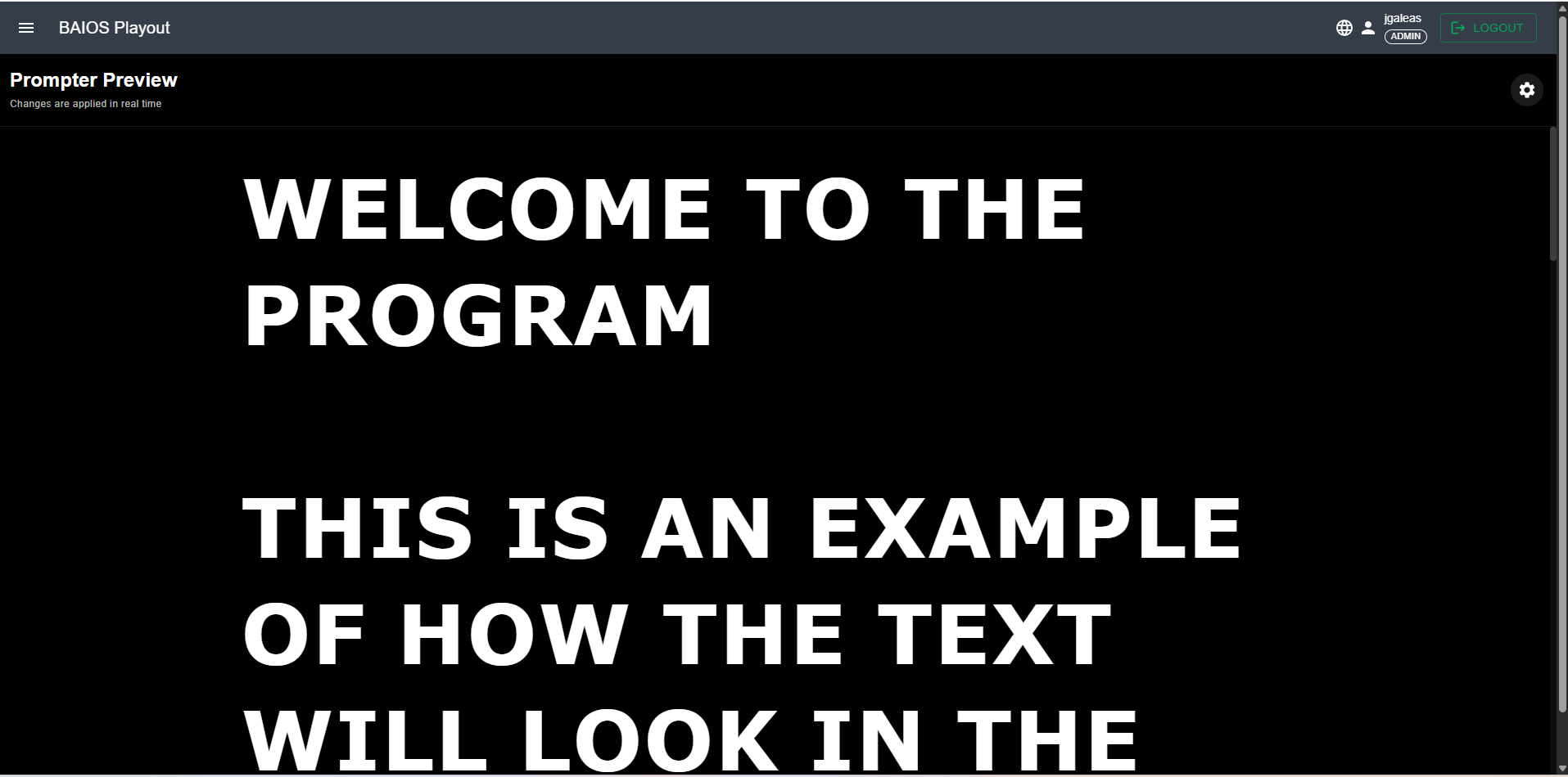 BAIOS Teleprompter with large text preview for on-air talent