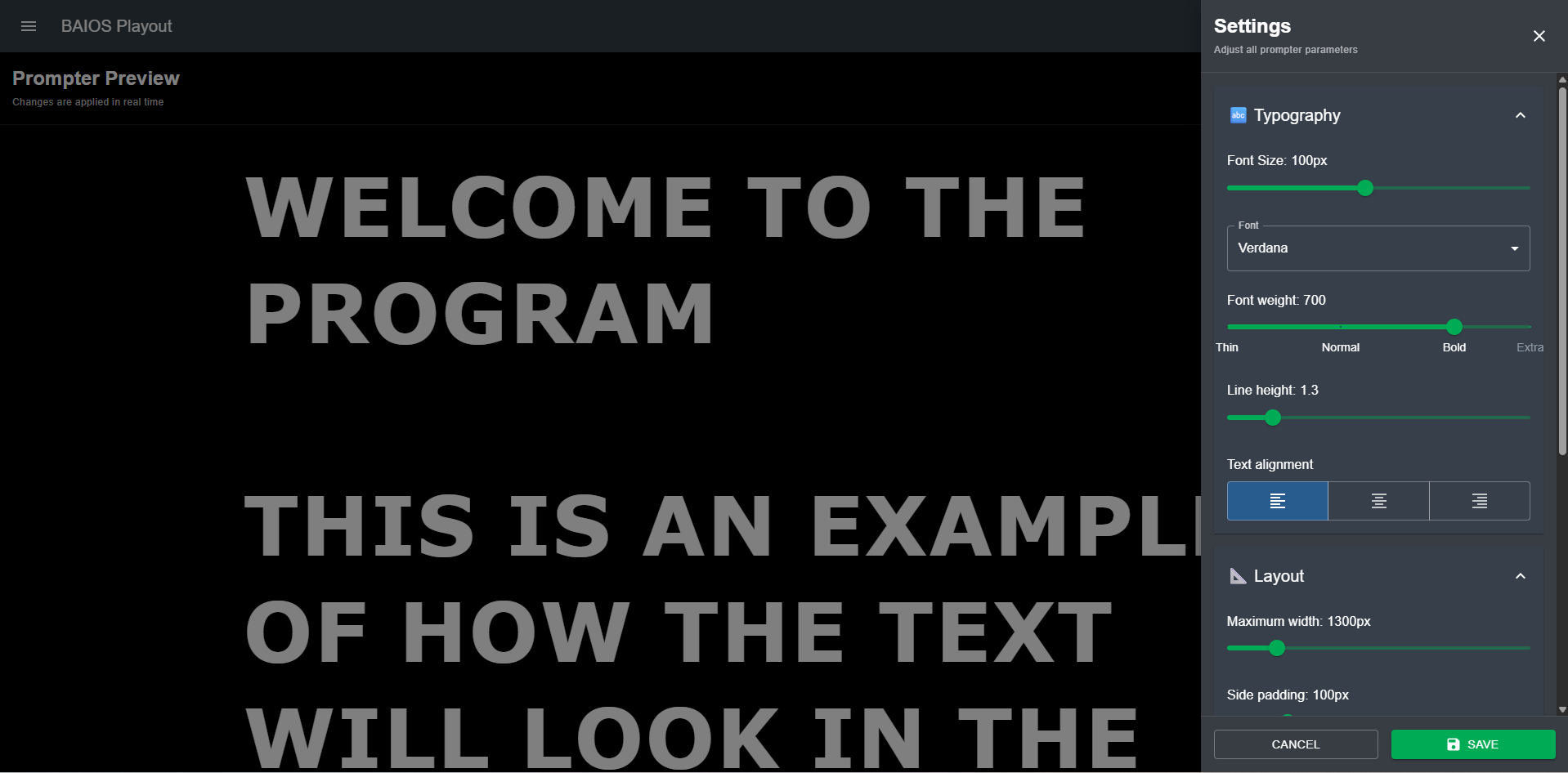 Teleprompter settings panel with typography and layout controls